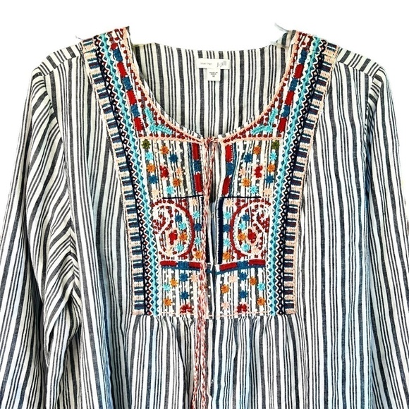 J.Jill Love Linen Boho Striped Embroidered Peasant Top with Tassels 3/4 Sleeve M - Picture 4 of 16